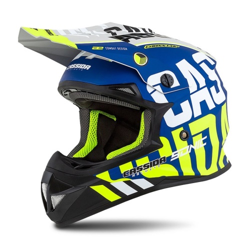 PŘILBA CROSS CUP SONIC, CASSIDA (MODRÁ MATNÁ/BÍLÁ/ŽLUTÁ FLUO/ČERNÁ/ŠEDÁ)