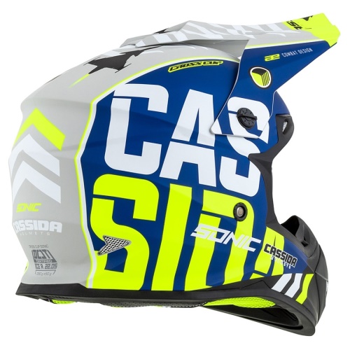 PŘILBA CROSS CUP SONIC, CASSIDA (MODRÁ MATNÁ/BÍLÁ/ŽLUTÁ FLUO/ČERNÁ/ŠEDÁ)